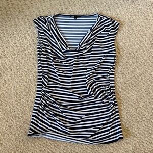 Chaus Navy and White Striped Drape Neck Blouse